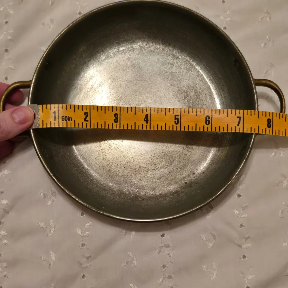 Vintage 8 Inch Round Copper Au Gratin Pan Dual Brass Handles Tinned Interior